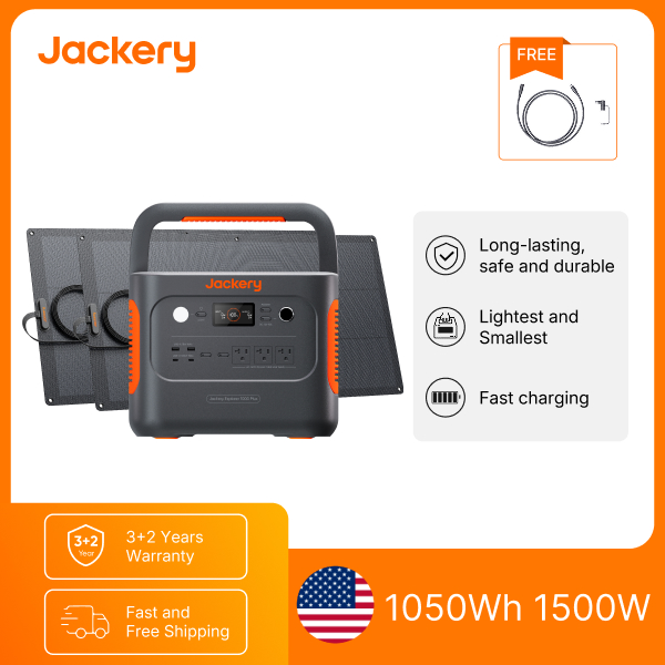 Solar Emergency Charger - Jackery E1000AC：1050Whのポータブル電源。100Wのソーラーパネル2枚と5mの延長ケーブル、1500Wの純正弦波AC出力、3000Wのサージ出力、LiFePO4バッテリー、100WのUSB-Cポート、急速充電機能を搭載。キャンプ、RV旅行、家庭での非常用電源として最適。